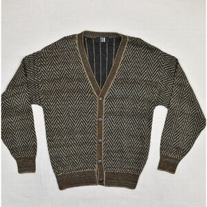 TSR Men's Button Cardigan Sweater Acrylic Brown Geometric Size L USA Made VTG